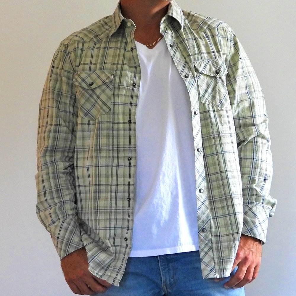 Banana Republic Mens Sz Large Western Shirt Blue Green Plaid Pearl Snap Stretch